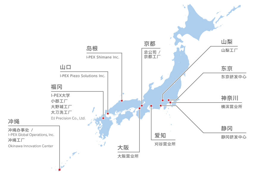 京都（总公司 / 京都工厂）、东京（东京事业所）、神奈川（横滨营业所）、山梨（山梨工厂）、静冈（静冈事业所、平和试验所）、爱知（刈谷营业所）、大阪（大阪分公司）、岛根（I-PEX Shimane Inc.）、山口（I-PEX Piezo Solutions Inc.）、福岡（I-PEX大学、小郡工厂、大野城工厂、大刀洗工厂、DJ Precision Co., Ltd.）、沖縄（冲绳工厂、冲绳办事处 / I-PEX Global Operations ,Inc.）