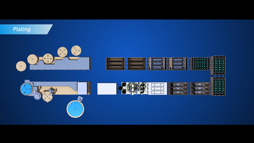 Plating process tanks: from the left to right, the various processing tanks using water and chemicals as part of the plating process.