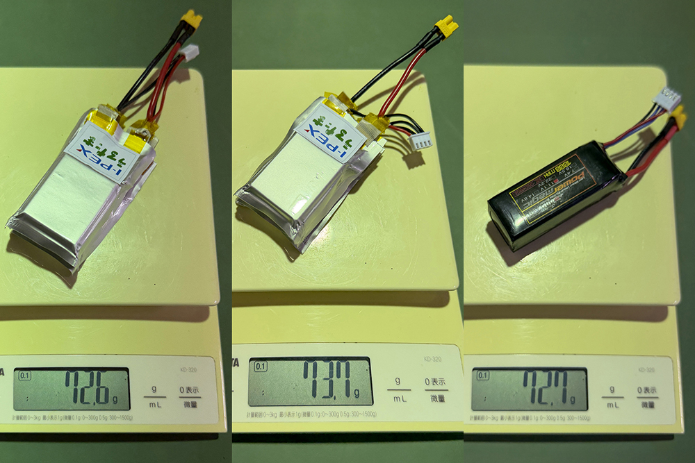マイクロドローンに搭載した3種類の電池パック、シリコン負極電池パック、リチウム負極電池パック、比較用の市販電池パック