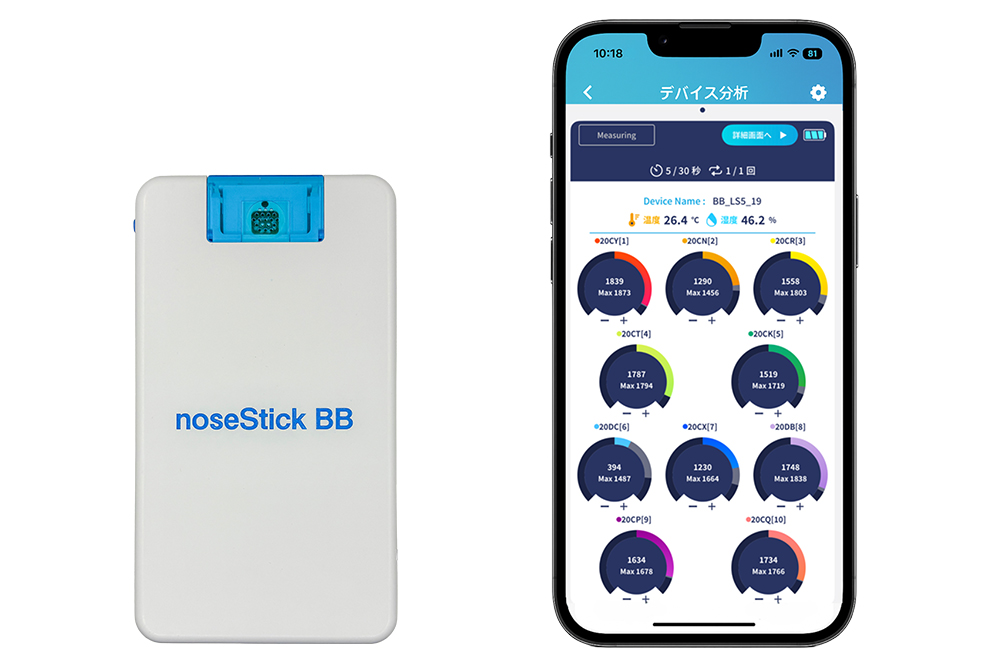 ニオイセンサ「noseStick BB（ノーズスティック ビービー）」（左）とワイヤレスでの計測イメージ