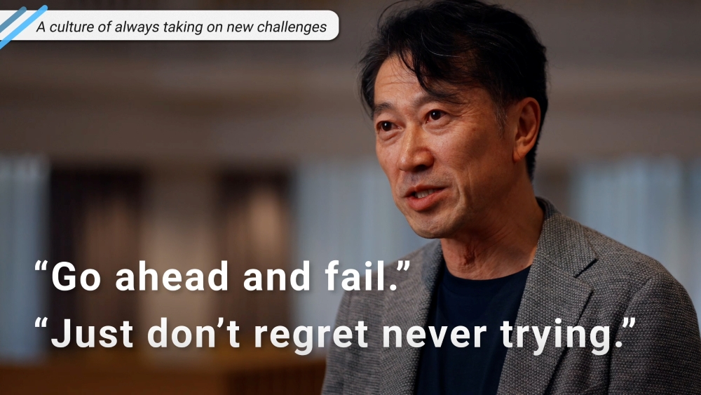 President Reiji Konishi recounting the founder's words: 'Go ahead and fail. Just don't regret never trying'