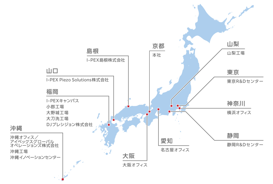 京都（本社）、東京（東京R＆Dセンター）、神奈川（横浜オフィス）、山梨（山梨工場）、静岡（静岡R＆Dセンター）、愛知（名古屋オフィス）、大阪（大阪支店）、山口（I-PEX Piezo Solutions株式会社）、島根（I-PEX島根株式会社）、福岡（I-PEXキャンパス、小郡工場、大野城工場、大刀洗工場、DJプレシジョン株式会社）、沖縄（沖縄工場、沖縄オフィス／アイペックスグローバルオペレーションズ株式会社）